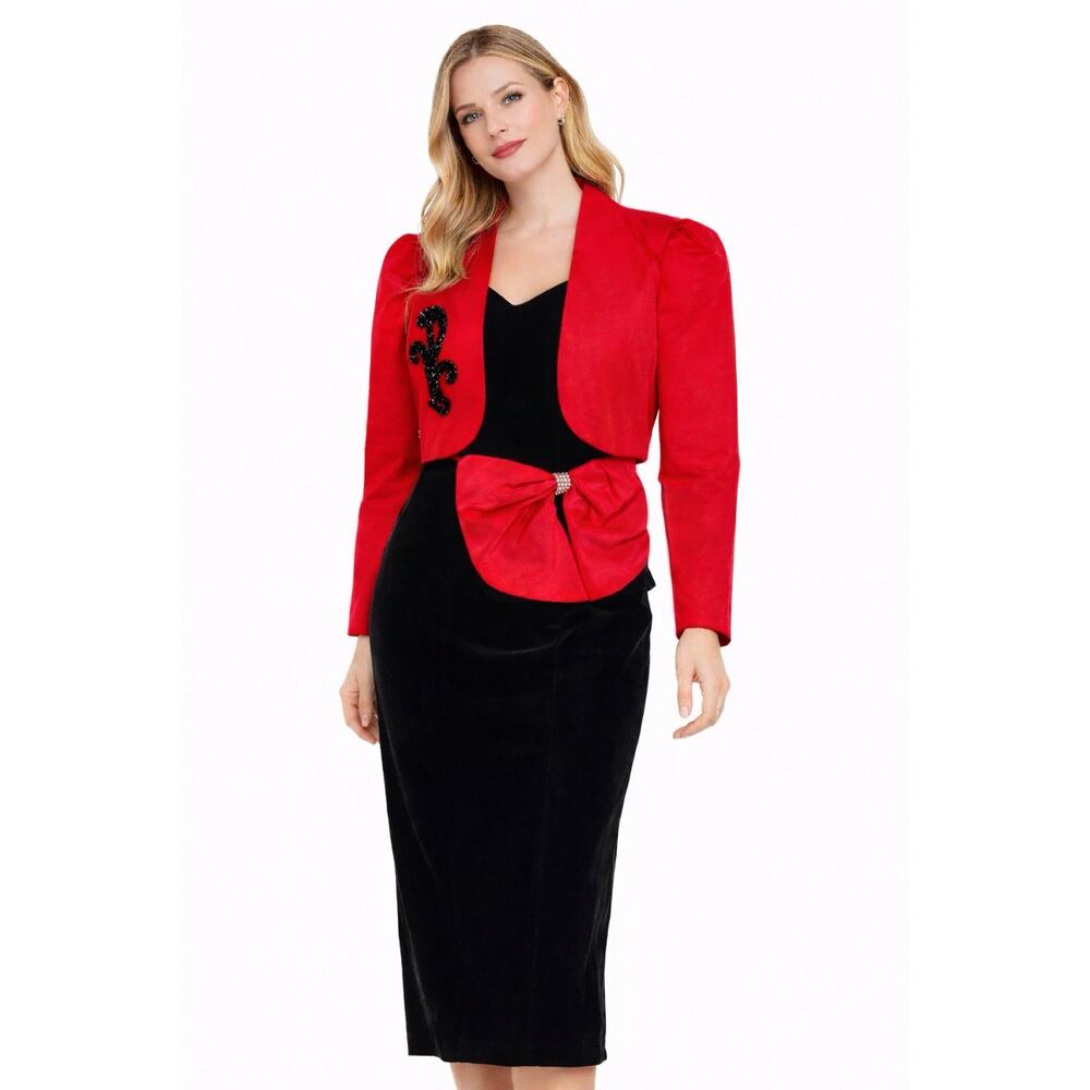 1980s Jitwo’s by Harmon & Co Black Velvet Cocktail Dress w Red Bow XS